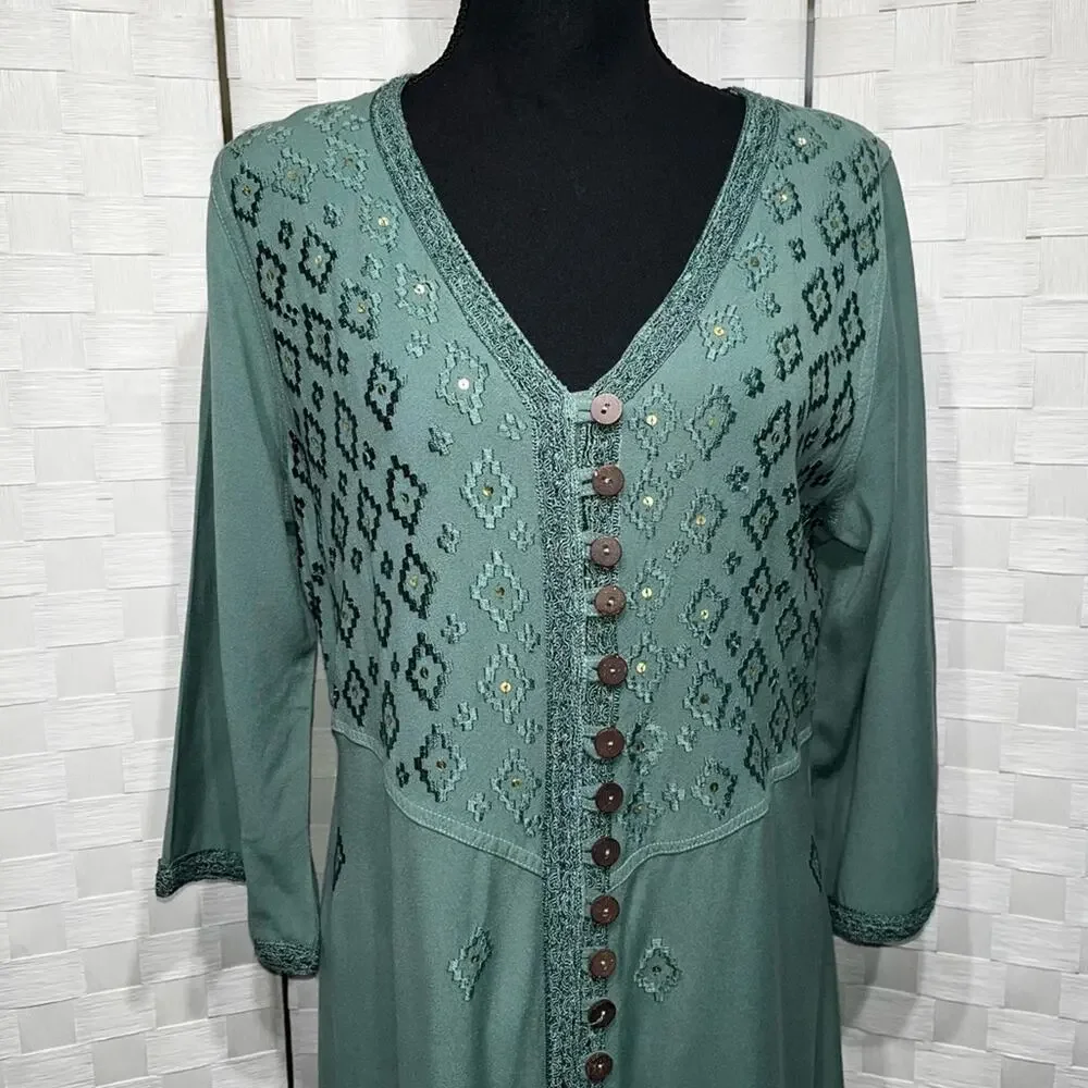 Soft Surroundings Womens Embroidered Sequin Kaftan Maxi Dress Size Small Green - Picture 11 of 11